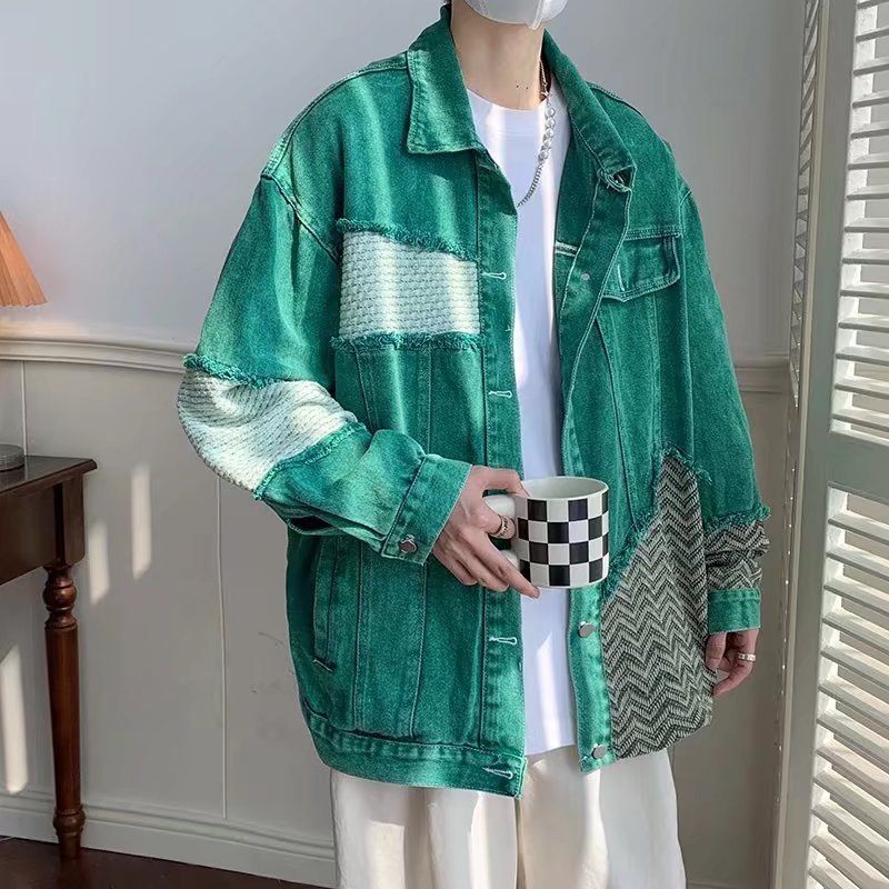 American Fashion Worn-out Patchwork Raw Edge Denim Coat