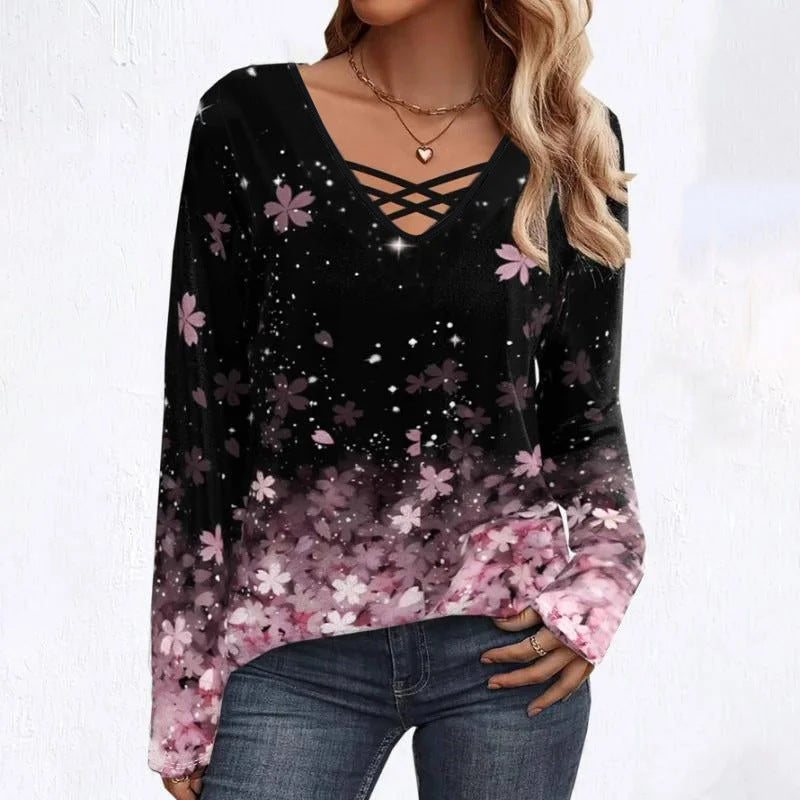 Store Størrelser Dame Cross Collar Print Lang T-shirt