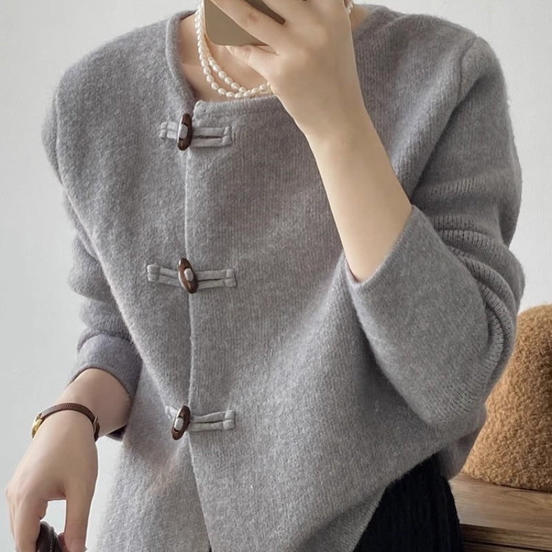 Round Neck Gentle Temperament Horn Button Sweater Coat