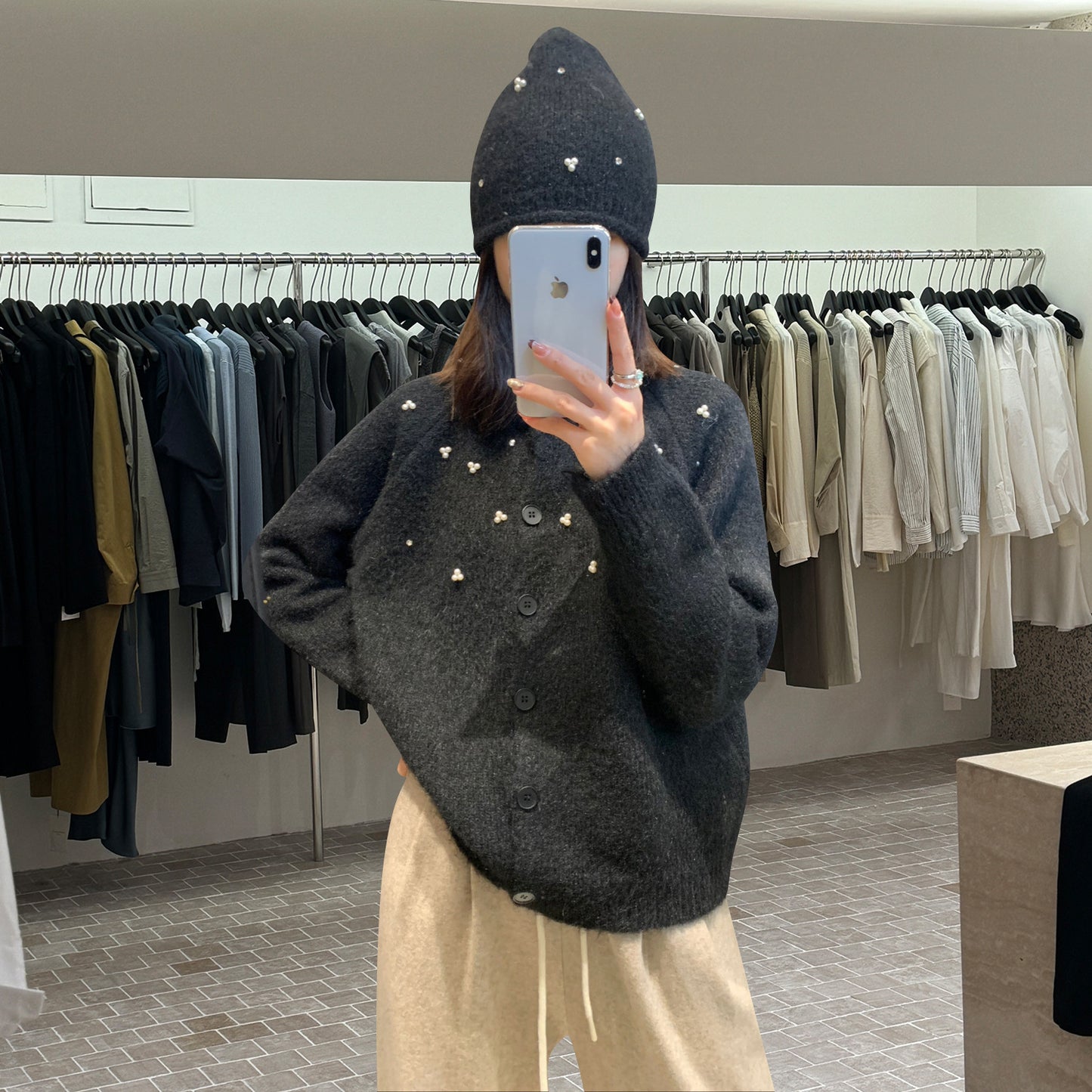 Women's Three-dimensional Pearl Sweater Cardigan Loose Knitted Coat