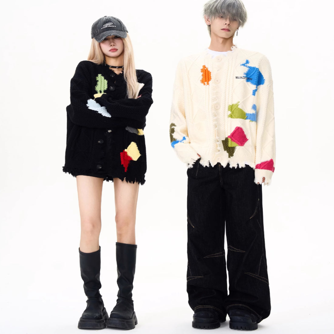 Damaged Contrast Color Cardigan Sweater Men's And Women's Coats