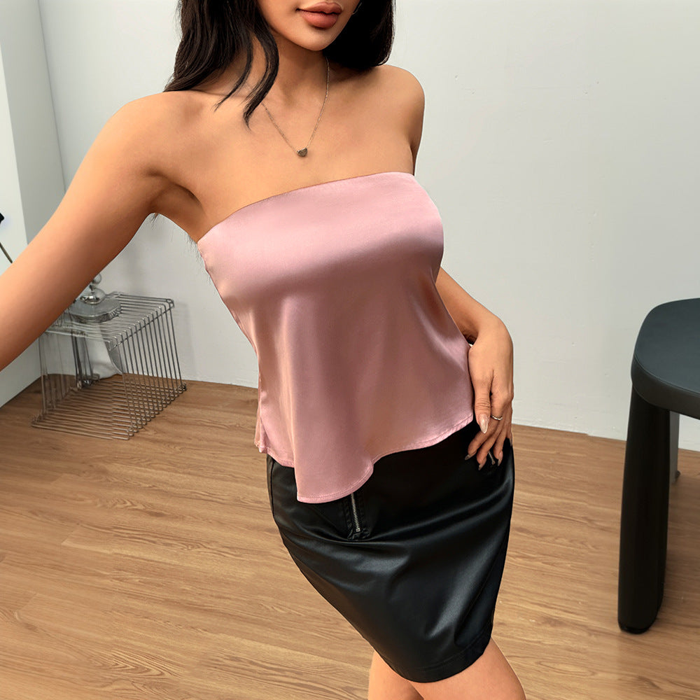 Sexy Satin Strapless Short Sleeveless Top Solid Color
