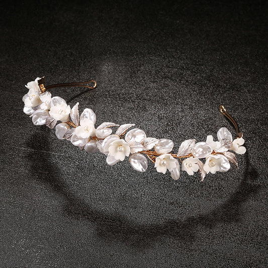 Golden Leaf Bridal Headwear Ceramic Flower Hair Ring