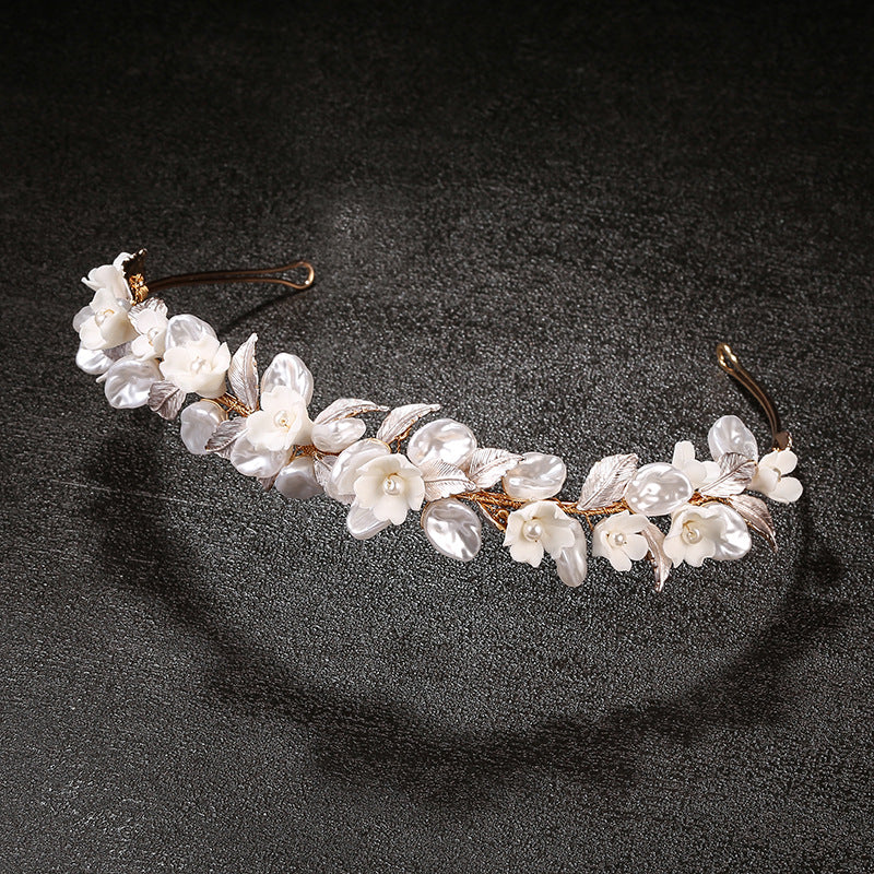 Golden Leaf Bridal Headwear Ceramic Flower Hair Ring