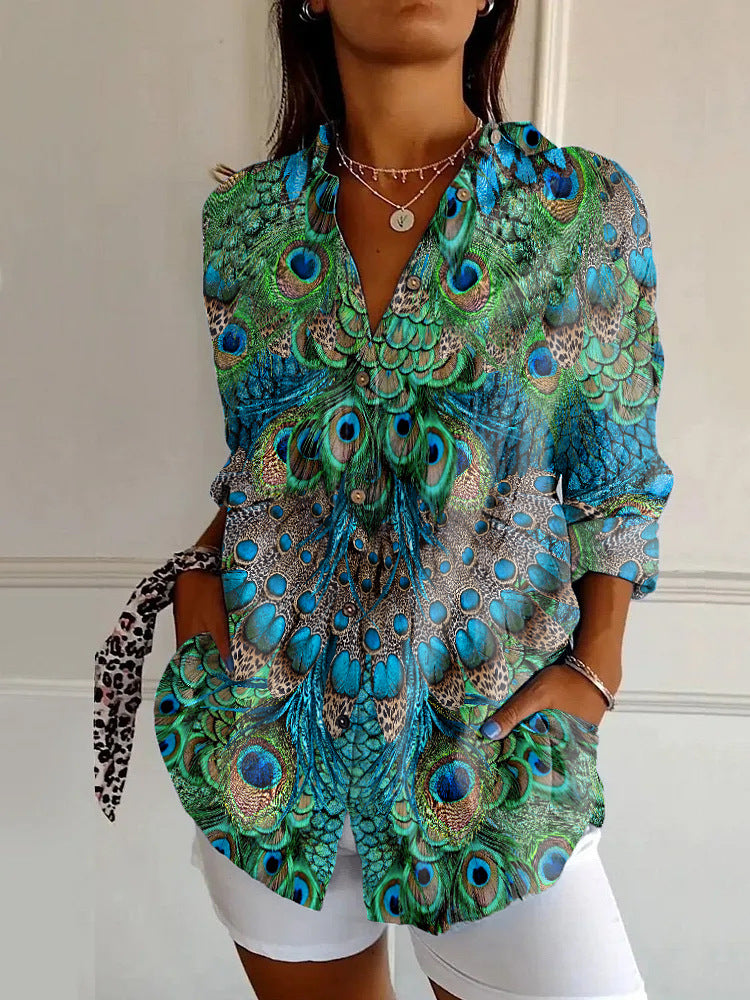 Women's Summer European And American Seven-sleeve Floral Pattern Printed 3D Shirt