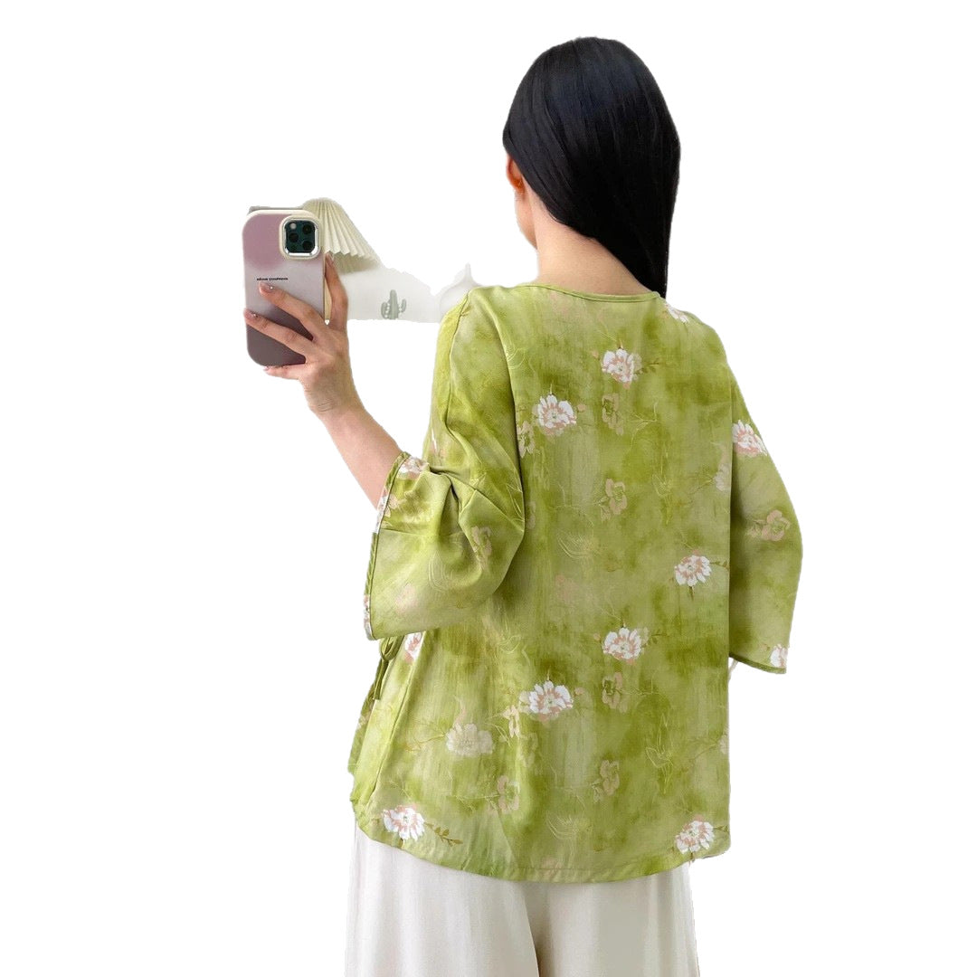 Womens Relaxed-fit Chinese-style Shirt With Flared Sleeves