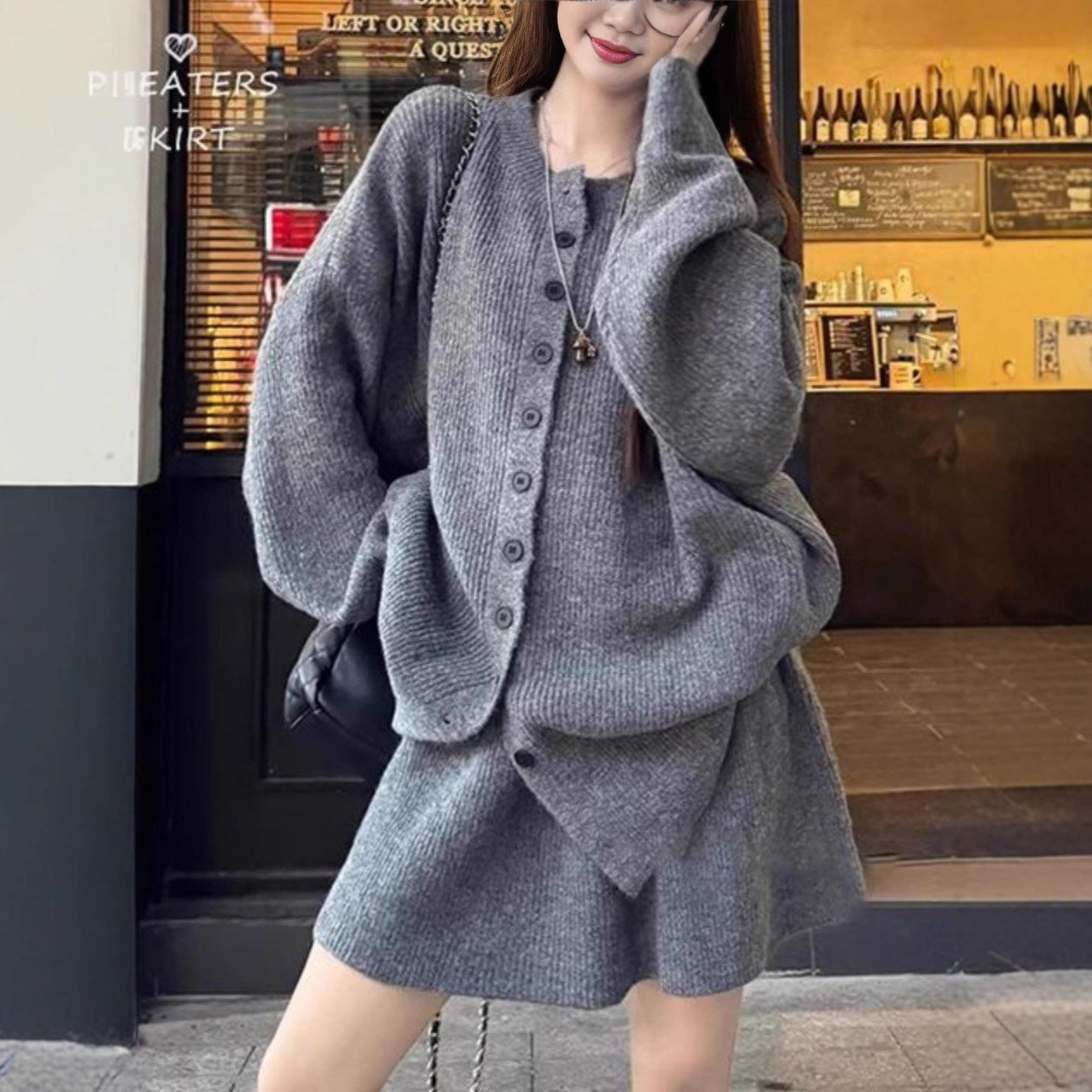 Womens Knitted Two-piece Set Solid-color Skirt And Sweatercardigan Jacket