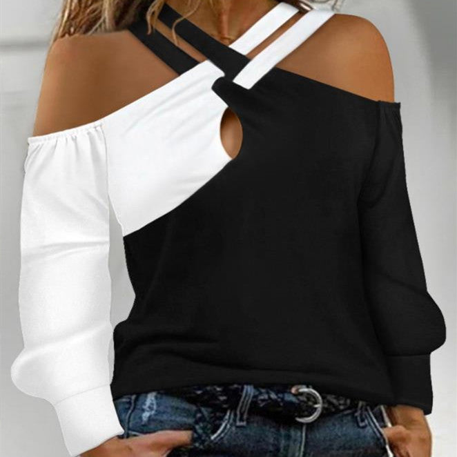 Black And White Patchwork Casual Fashion Cross Belt Women's Top