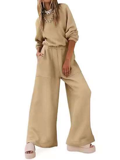 Europæisk Og Amerikansk Mode Sport Og Fritid Langærmet Ensfarvet Rygløs Sweater Jumpsuit Sæt Til Kvinder