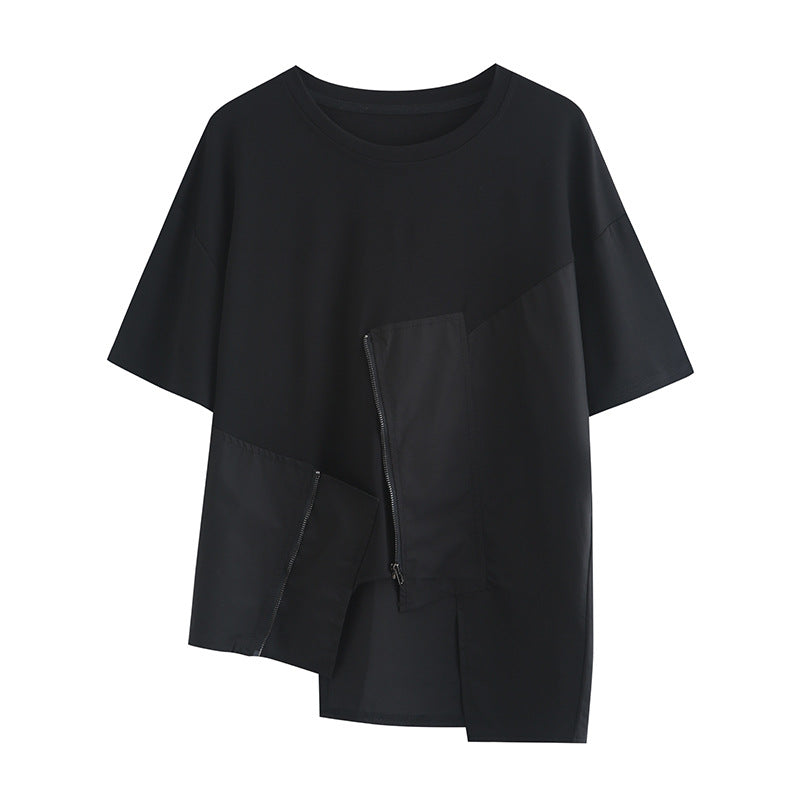 Street Stitching Half Sleeve Irregular Solid Color Short Sleeve T-shirt