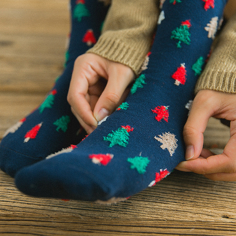 Christmas Socks New Autumn And Winter Mid-calf Christmas Cartoon Elements Women's Socks Pack Of Three Pairs Casual Cotton Socks