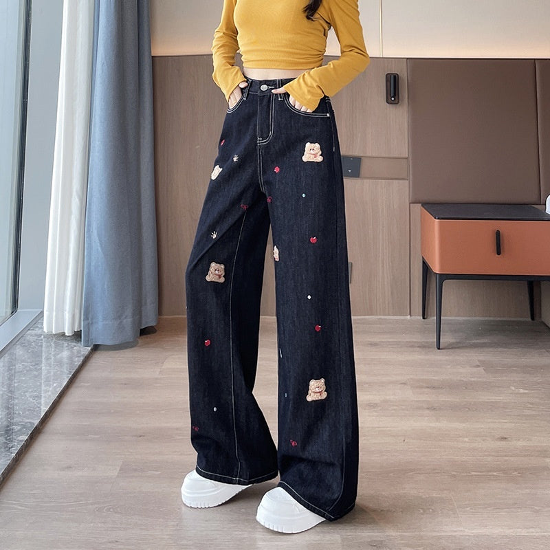 FallWinter Cartoon Embroidered Wide-Leg Straight Jeans
