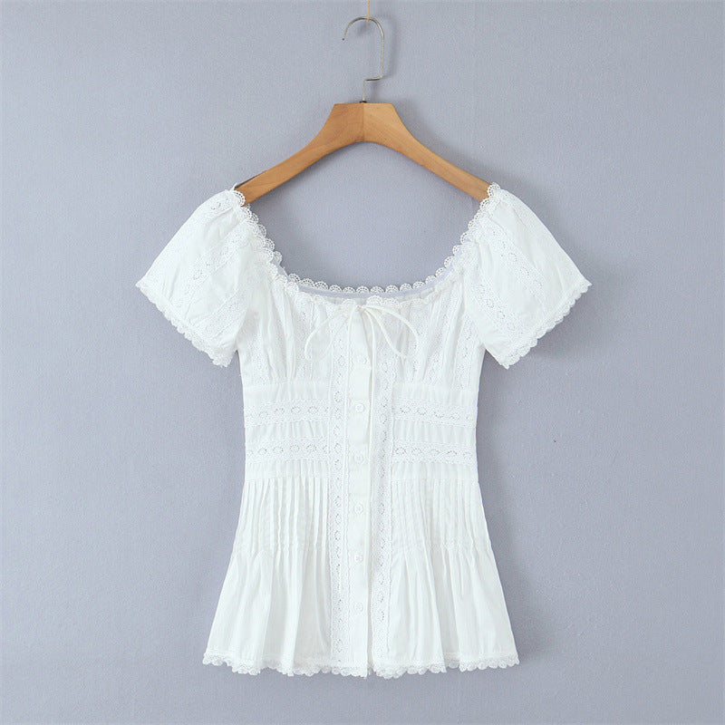 French Refined Handmade Lace Lace Slim Fit Patchwork Pleated Small Top