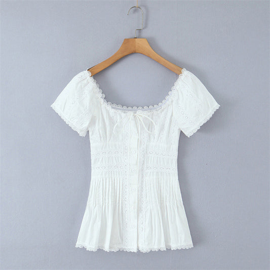 Fransk Raffineret Håndlavet Blonde Slank Pasform Patchwork Plisseret Lille Top