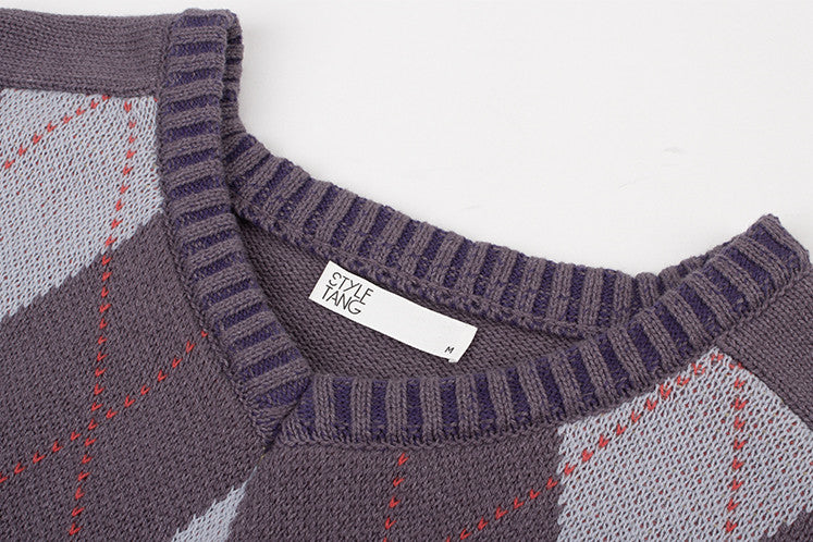American Retro Gray Blue V-neck Diamond Knitted Sweater Women