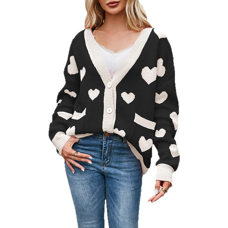 Heart Peach Knitted Cardigan Pocket V-neck Common Style Coat