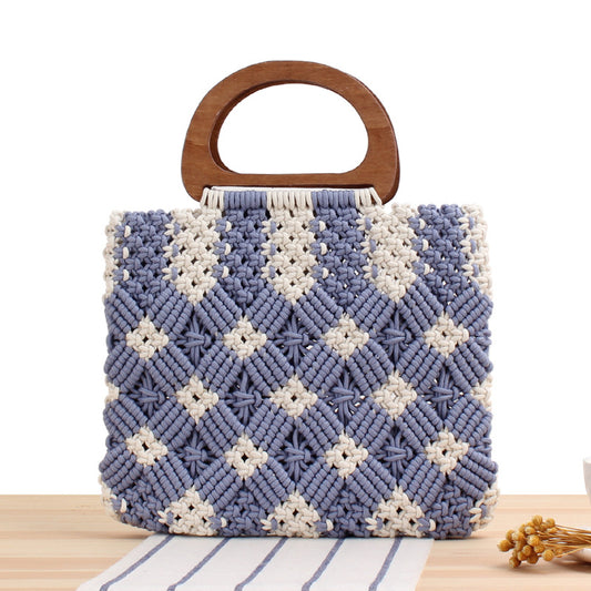 Female  Wood Plaid Straw Lace Portable Leisure Hand Carry Cotton Rope Braided Bag