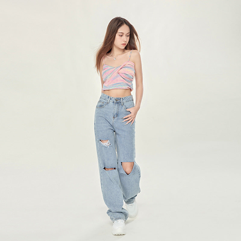 Damejeans med høj talje, lyseblå, ripped, vide ben