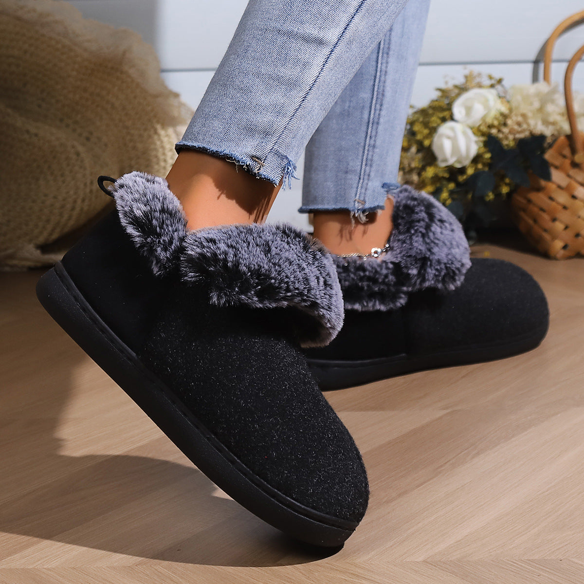 Neutral Felt Fur Collar Heel Cotton Shoes Wine Red Winter Indoor Shoes Comfortable Memory Foam
