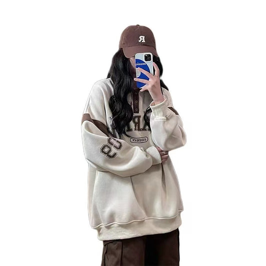 American Retro Contrast-color Stitching Sweatshirt Loose Casual Top