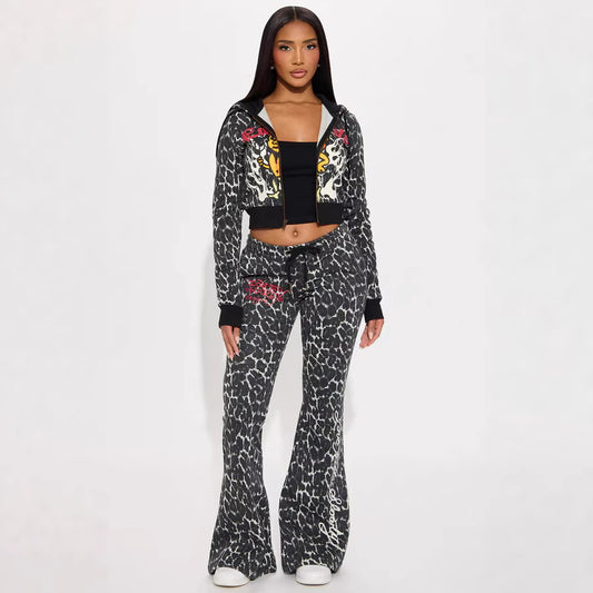 Womens Casual Hooded Set Flared Pants With Leopard Print And A Matching Top