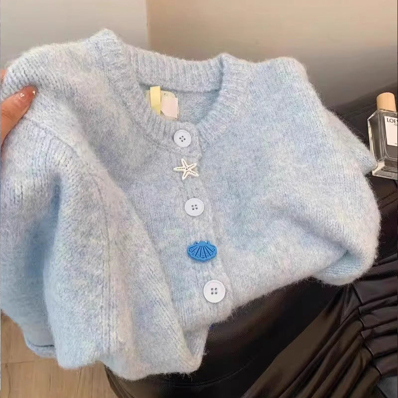 Milk Blue Gentle Soft Glutinous High-grade Knitted Cardigan Sweater
