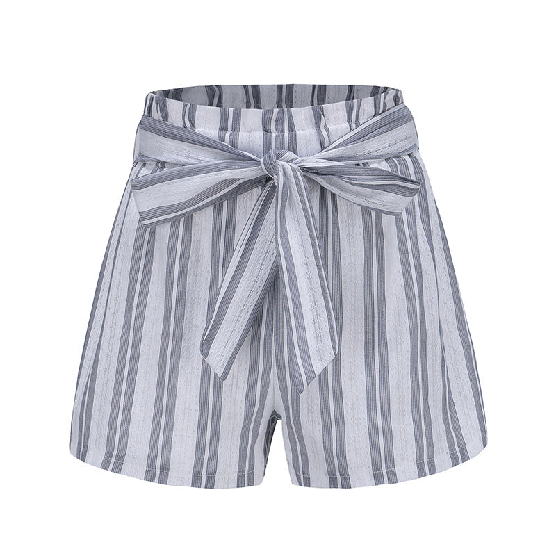 Women's Pants High Waist Belted Striped Wide Leg Shorts