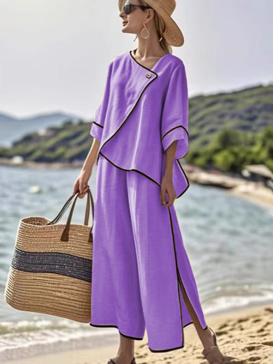 Womens Vacation-Ready Loose Striped Print Wide-Leg Pants Set