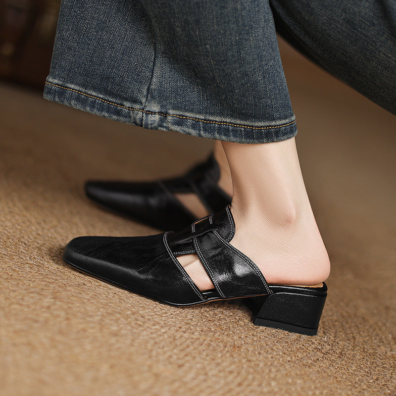 Retro Closed Toe Half Slippers Women's Summer Low Heel Thick Heel Rear Empty Sandals