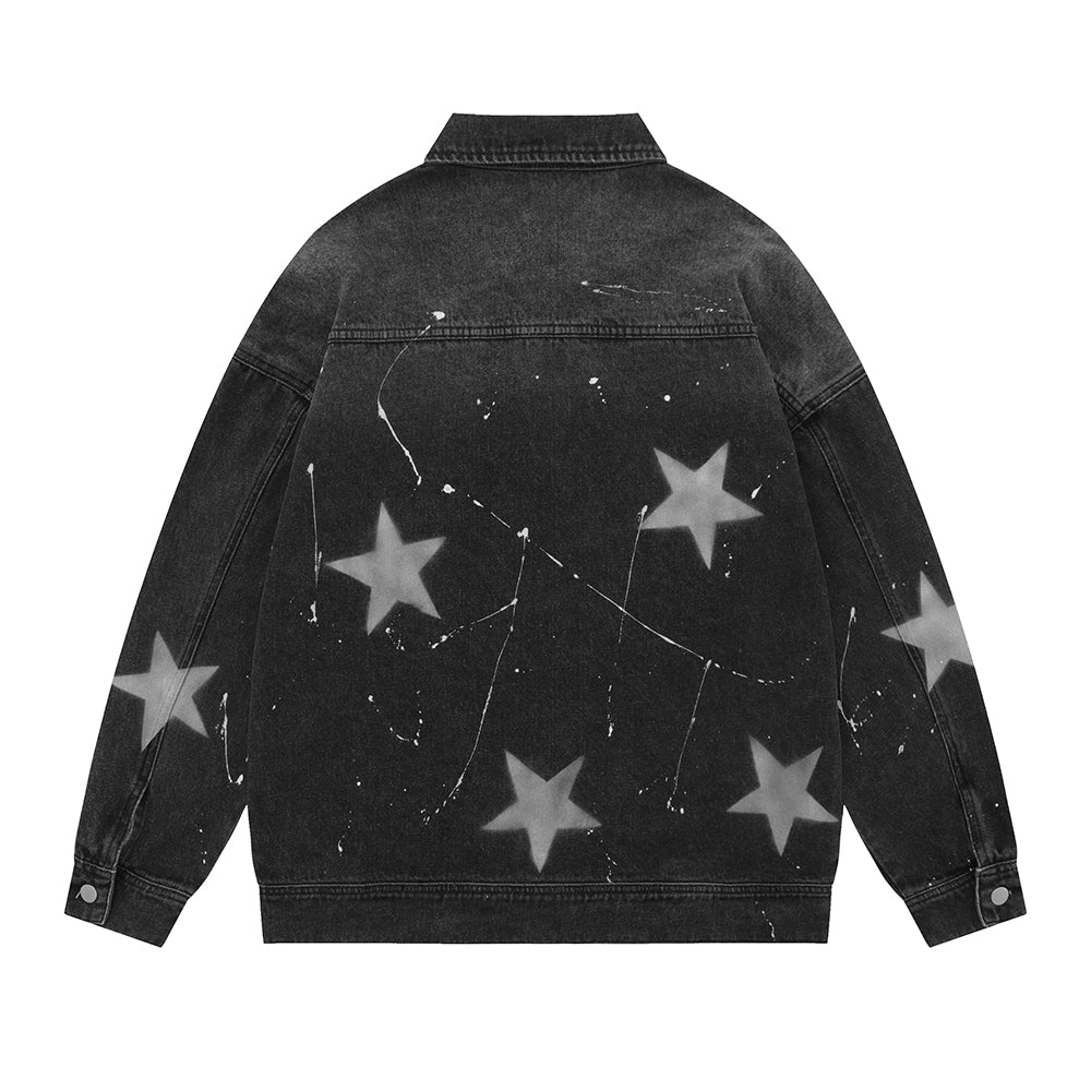 Five-pointed Star Splash Ink Patterned Denim Jacket