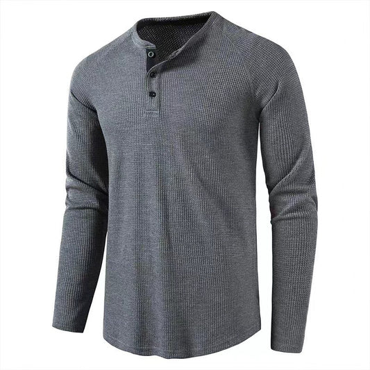 Klassisk vaffelhenley T-shirt til mænd, ny rund hals, langærmet, slim fit T-shirt til mænd, afslappede, kraftige T-shirts til mænd
