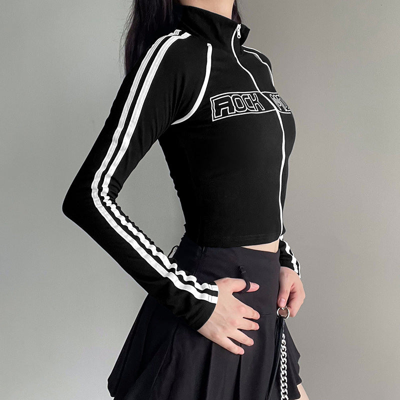 Reverslynlås Kontrastfarvet Fletværk Syning Langærmet Sweater Basic Slim Fit Hot Girl Bogstav Efterår Vinter Jakke