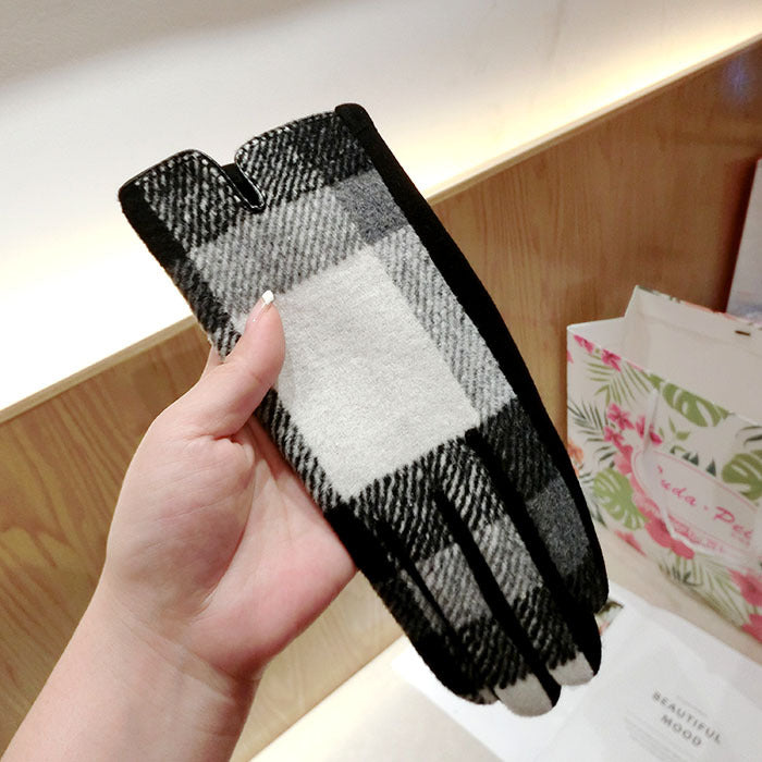 Color Plaid Wool Plus Velvet Thick Five-finger Gloves