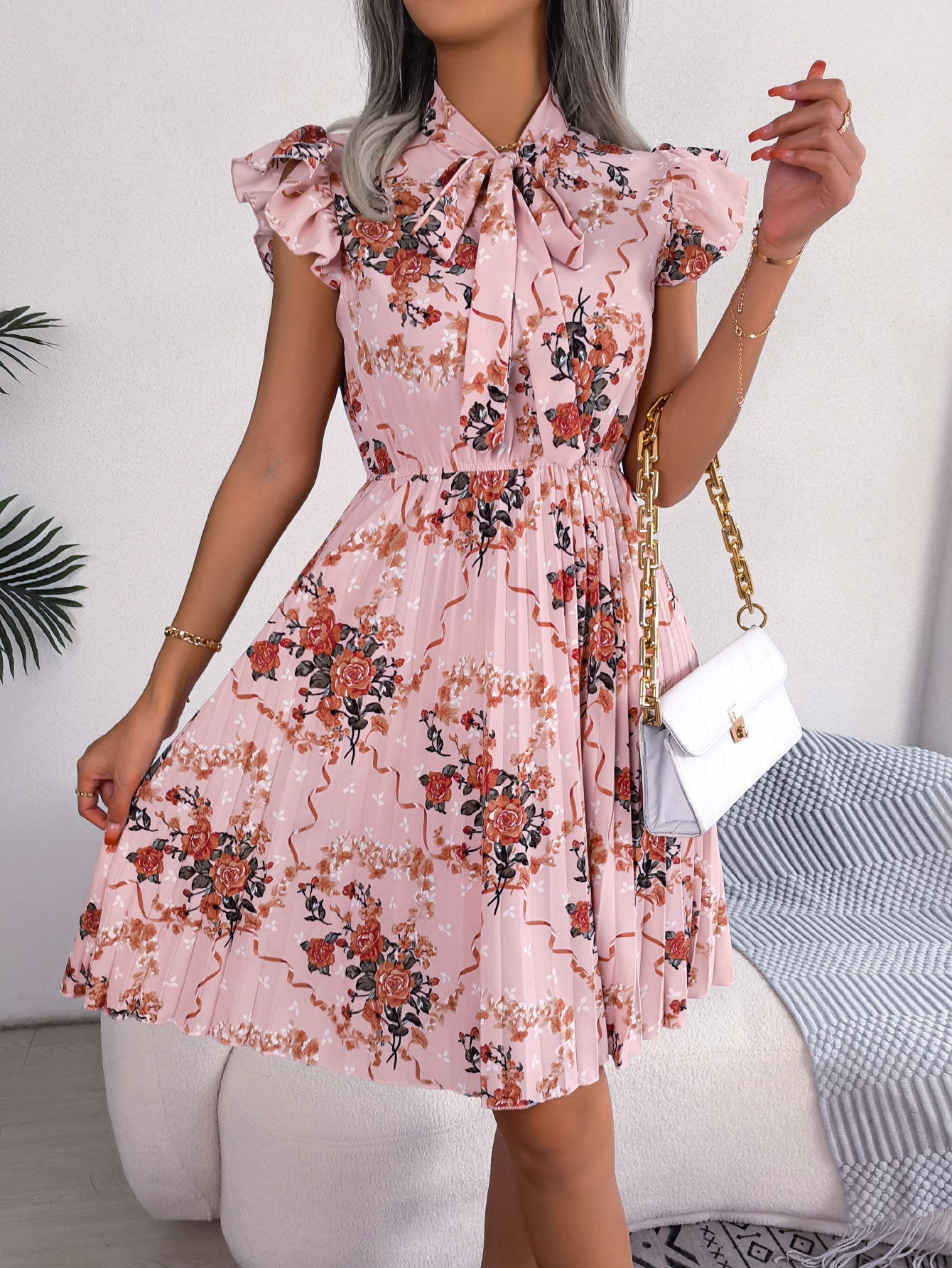 Women's Elegant Floral Print Tie Waist Flowy Pleated Skirt