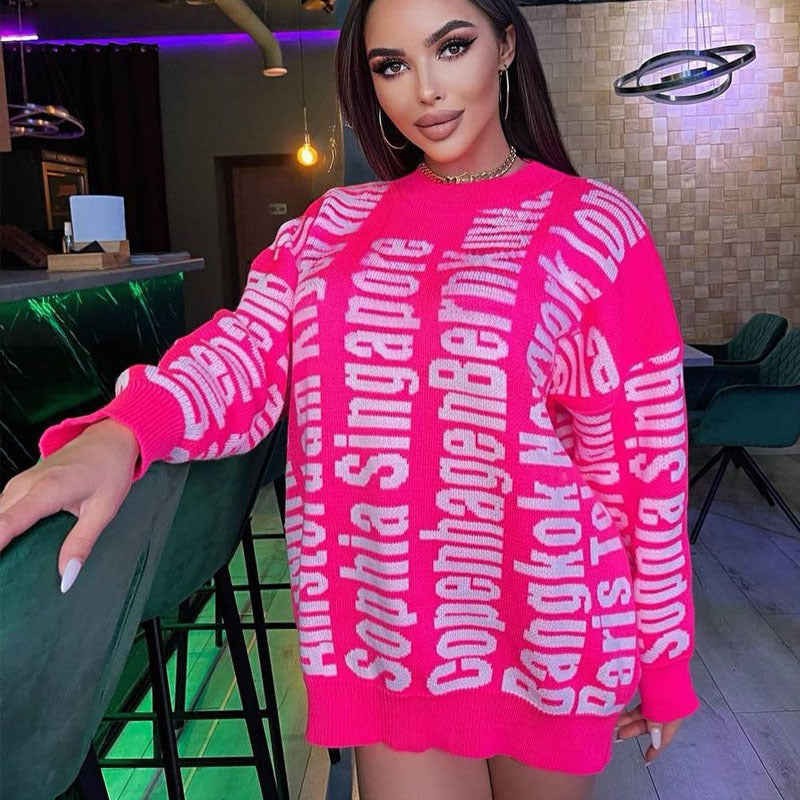 Long Sleeve Letter Crew Neck Loose Sweater Knit Dress
