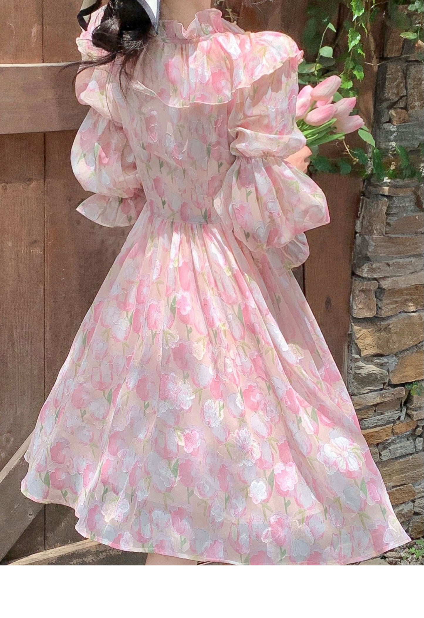 Fragmented Flowers Long Sleeve Dress Women's Spring