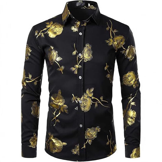 Golden Rose Print Slim Fit Long Sleeve Formal Wear Shirt