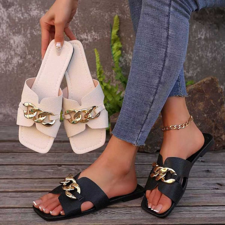 Women's Flat Slippers Lightweight Fashion Chain Square Toe Casual