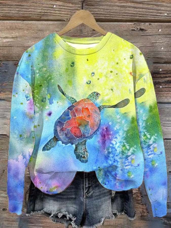 Kvinders Efterårs- og Vintertrends Digitaltrykt Rundhalset Sweater med Slidsede Skuldre og Lange Ærmer