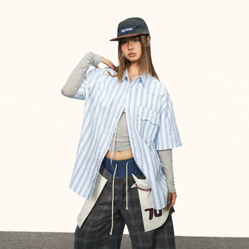 Blue Striped Short-sleeved Shirt Women's Loose Casual