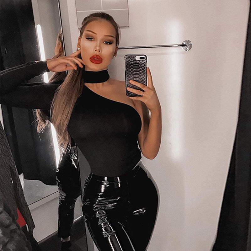 European And American Fashion Halter One-shoulder Slim Fit Slim Looking Base Jumpsuit