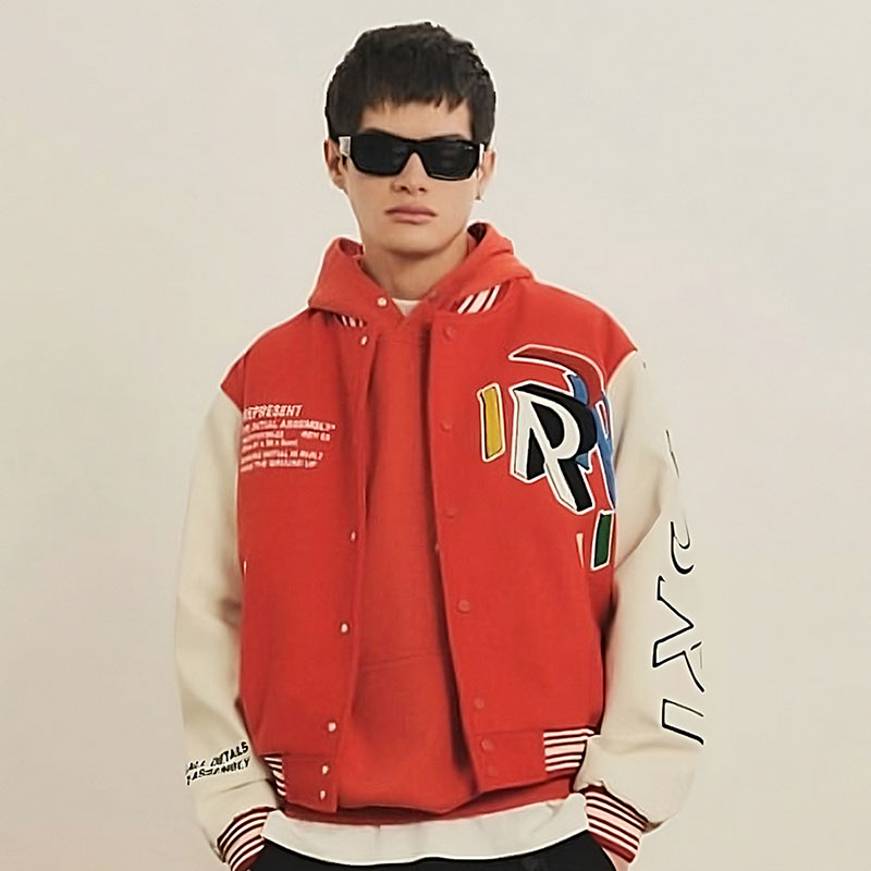 Color R Letter Embroidery Quilted Leather Sleeve Jacket Jacket Men's And Women's Baseball Uniform
