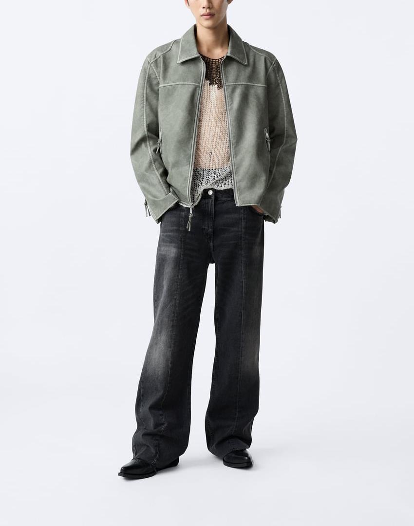New Men's Zipper Distressed Retro Washed Imitation Leather Jacket Coat