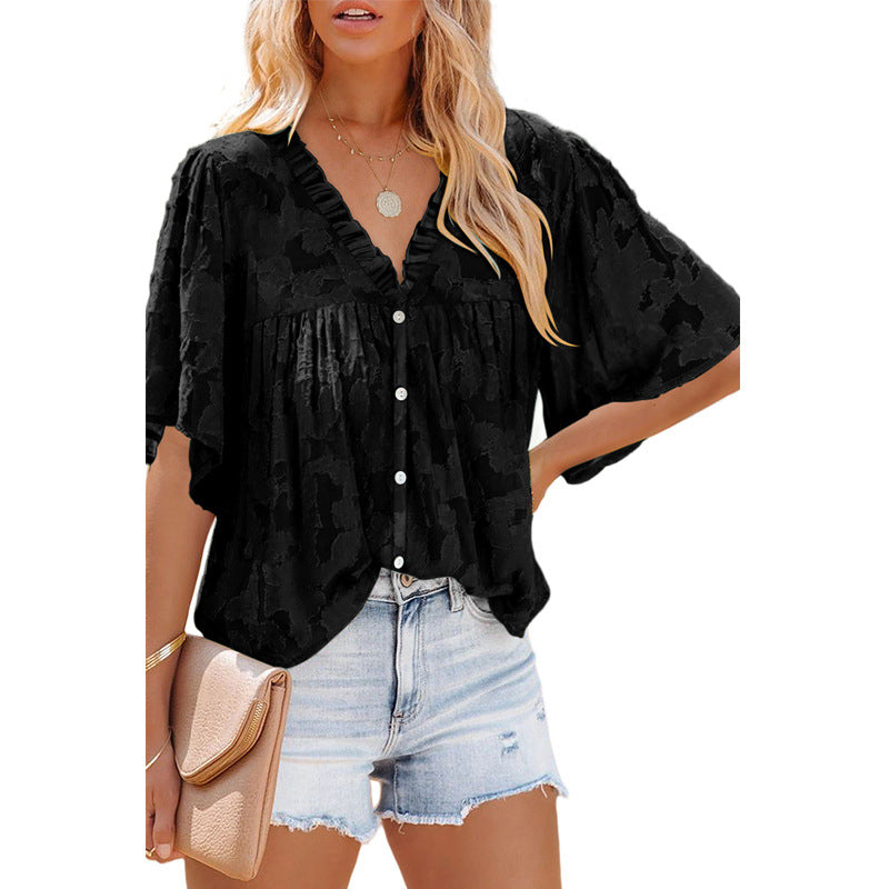 Women's Fashion V-Neck Half Sleeve Chiffon Shirt