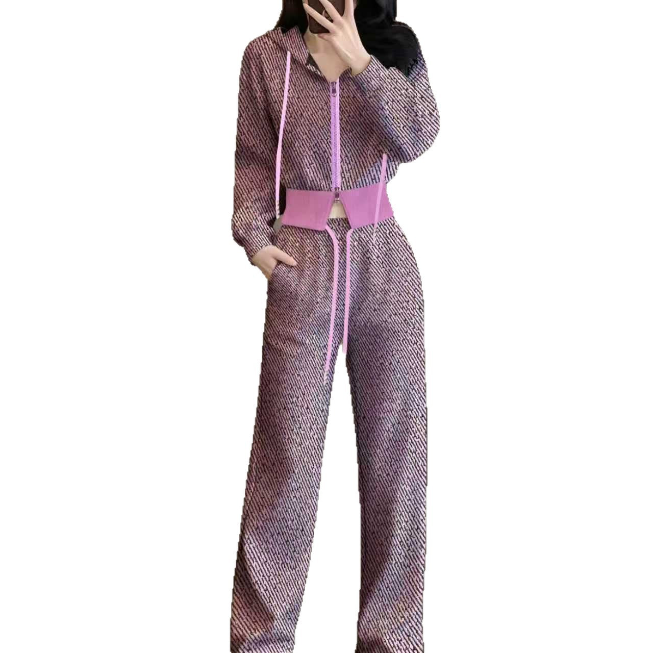 Overseas Temperament Slim Hooded Cardigan Wide-leg Pants Two-piece Set