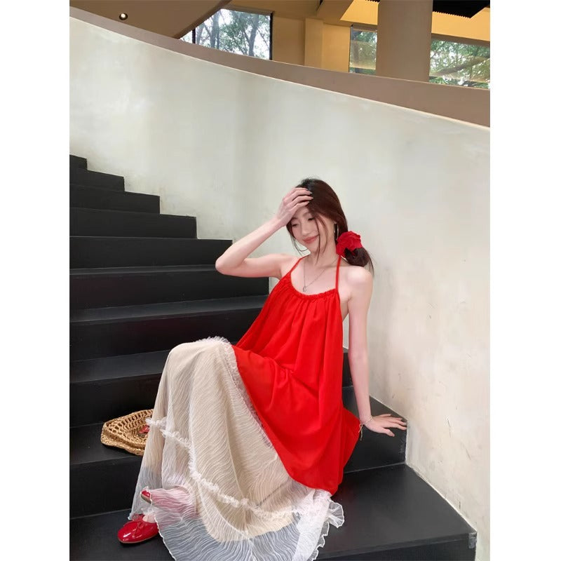 Loose-fitting Halterneck Sleeveless Camisole Womens Mesh A-line Skirt Two-piece Set