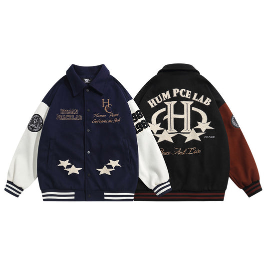 American Retro Street Trend Wool Embroidered Cardigan Baseball Jacket