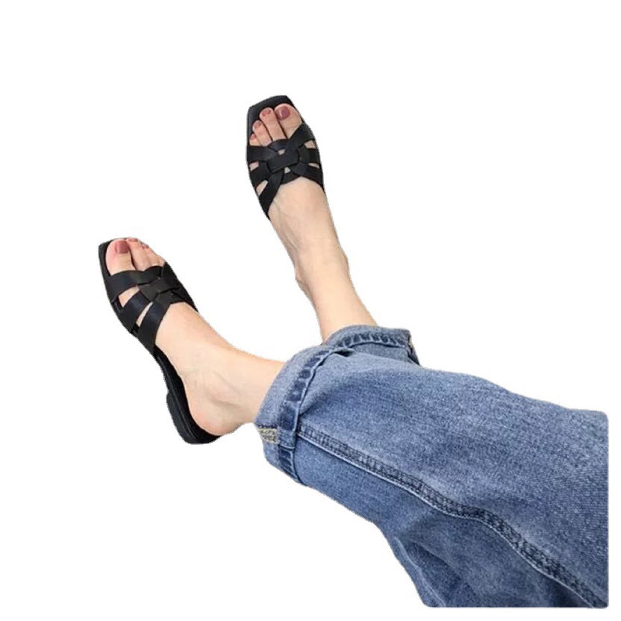 Flat Bottom, Square Head Casual Hollow Beach Shoes, Foreign Trade Women's Slippers