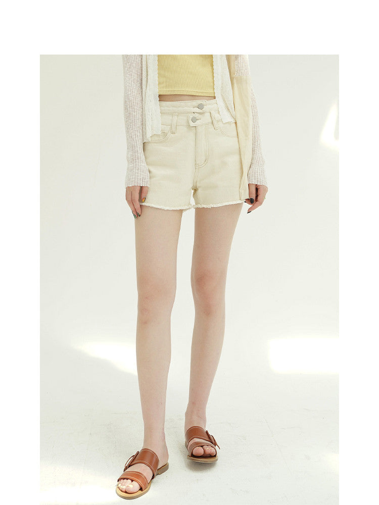 Women's All-match Beige Fringe Denim Shorts