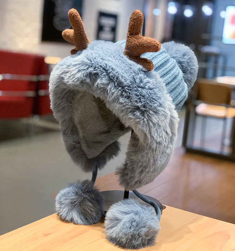 Korean Style Cute Deer Horn Fur Ball Ear Protection Plush Bonnet Christmas Thickened Cycling Cap